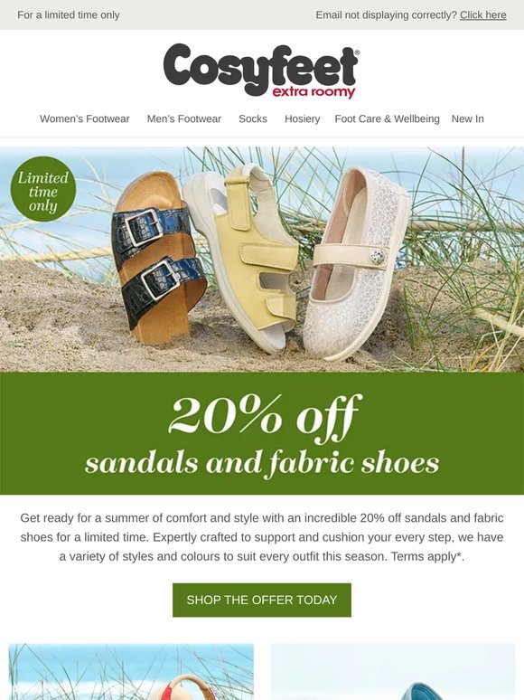 Enjoy 20% off sandals and fabric shoes
