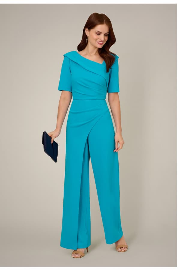 Short Sleeve Asymmetrical Wide Leg Crepe Jumpsuit In Bel Air Blue