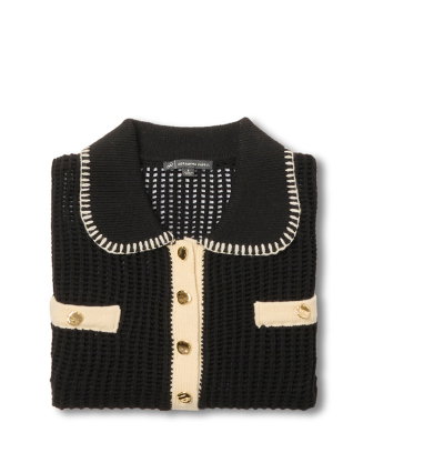 Open Knit Whipstitch Flounce Polo Sweater In Black Cream