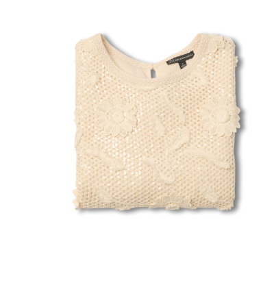 Short Sleeve Floral Sequin Crochet Top In Seedpearl