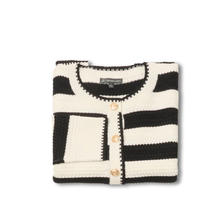 Textured Knit Blanket Stitch Cardigan Sweater In Ivory Black