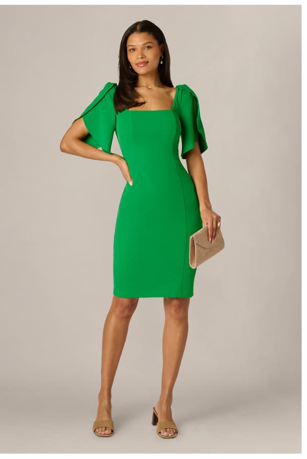 Tulip Sleeve Stretch Crepe Sheath Dress In Palm Leaf