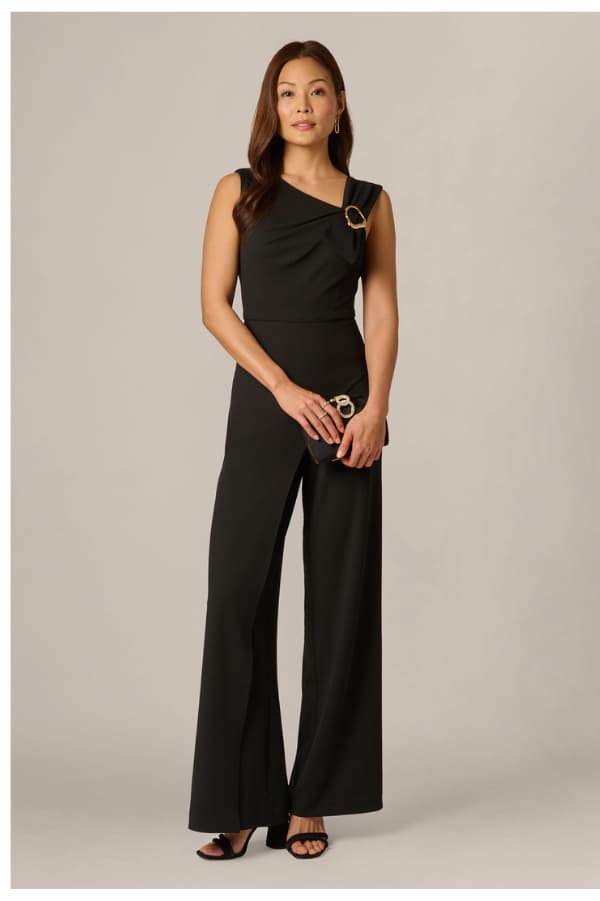 Buckle Shoulder Overlay Stretch Jumpsuit In Black