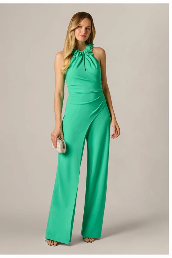 3D Floral Stretch Halter Jumpsuit In Flora Green