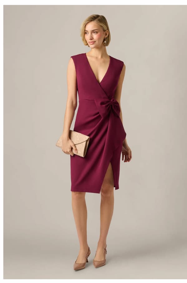 Bow Accent Stretch Wrap Dress In Cabernet