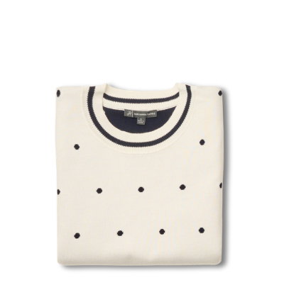 Short Sleeve Chain Patterned Knit Top In Ivory Navy Medium Simple Dot