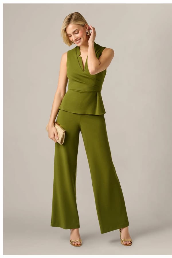 Notch Lapel Stretch Crepe Peplum Jumpsuit In Jungle Olive