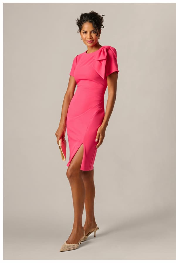 Short Sleeve Bow Shoulder Sheath Dress In Camellia