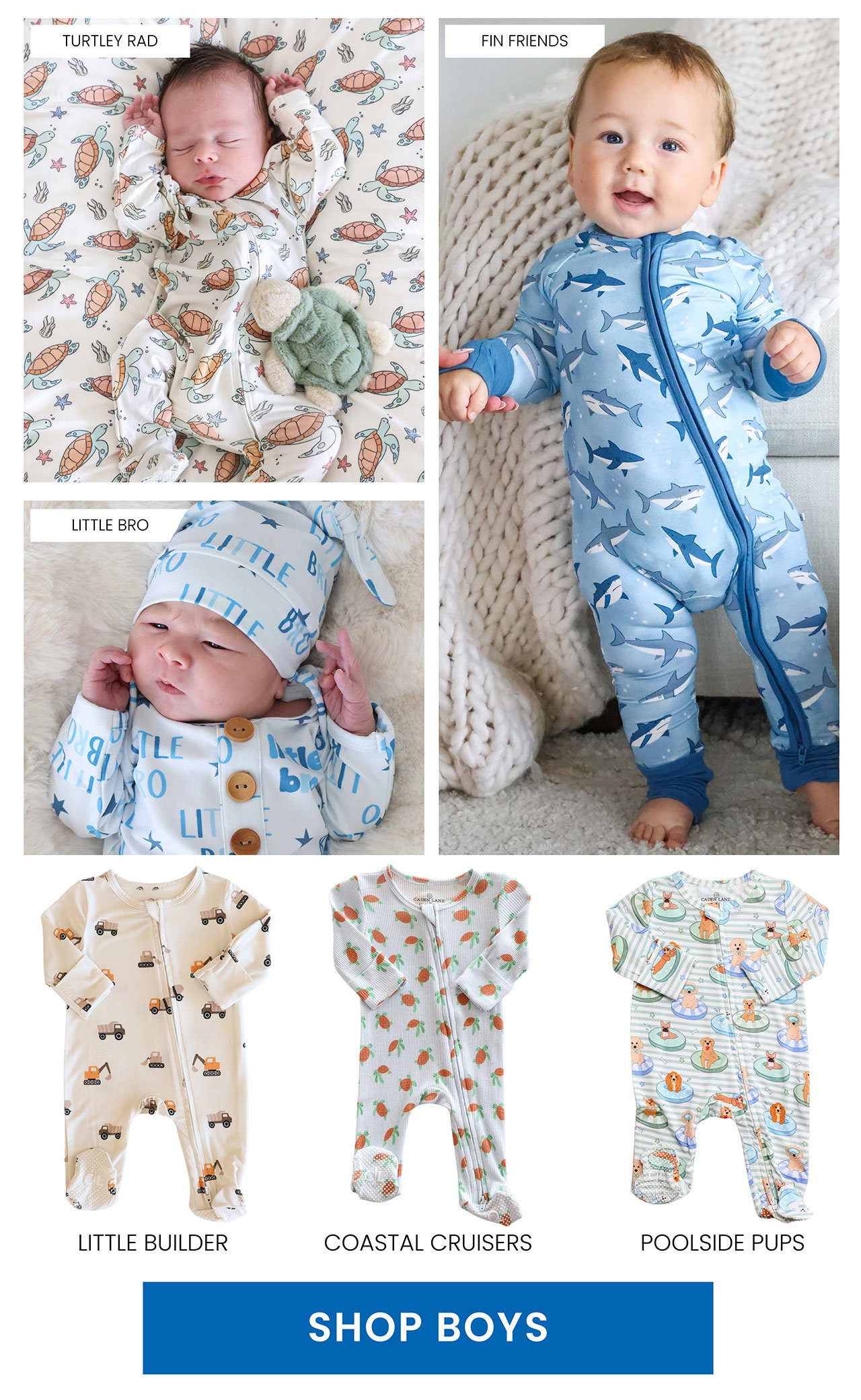 SHOP BOYS lifestyle image of baby boys wearing our Caden Lane prints