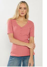 Coral Pink Ribbed Short Sleeve Henley Top