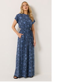 Blue Floral Shirred Waist Cotton Maxi Dress