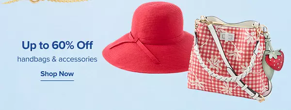 Up to 60% off handbags and accessories. Shop now. A red hat next to a red handbag.
