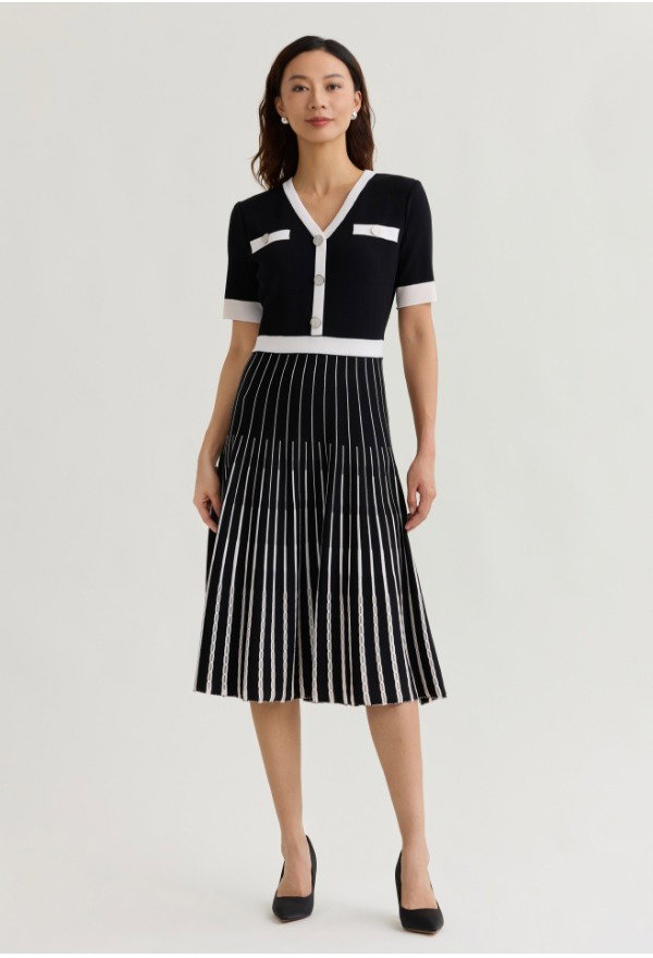 Fit & Flare Two-Tone Soft Knit Midi Dress
