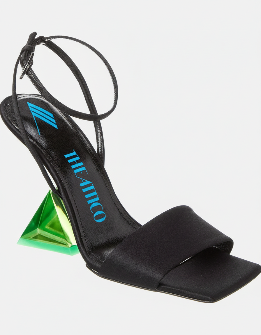 Black satin sandal with a geometric green heel and ankle strap.