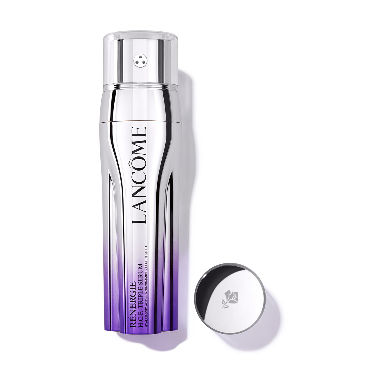 Flacone Lancôme Rénergie H.C.F. Triple Serum con erogatore triplo in argento e base viola su sfondo bianco.