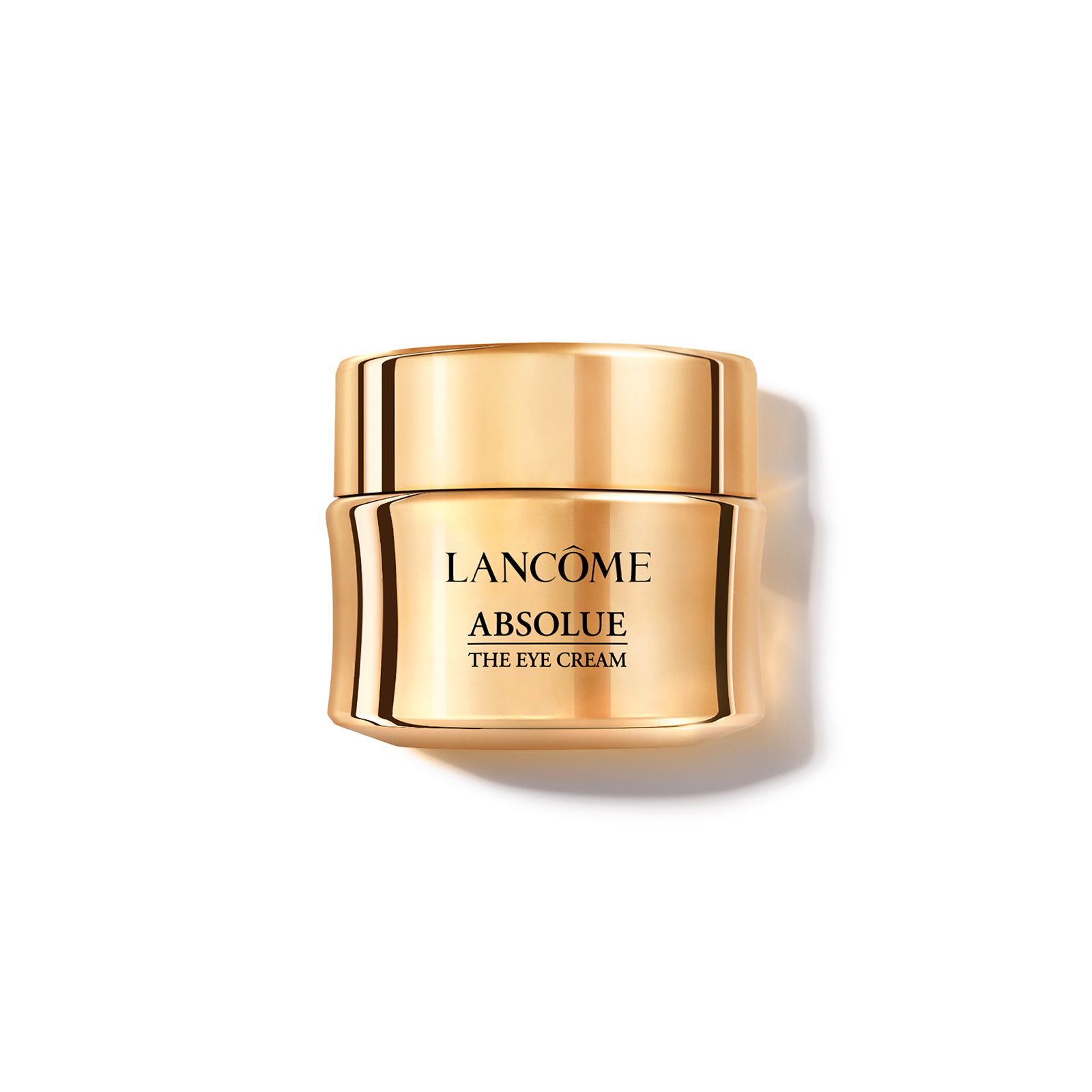 Vasetto dorato Lancôme Absolue The Eye Cream visto dall'alto su sfondo bianco.