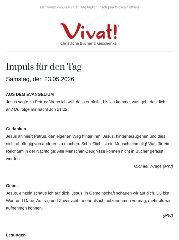 Impuls für Samstag, den 23.05.2026 - von Vivat!