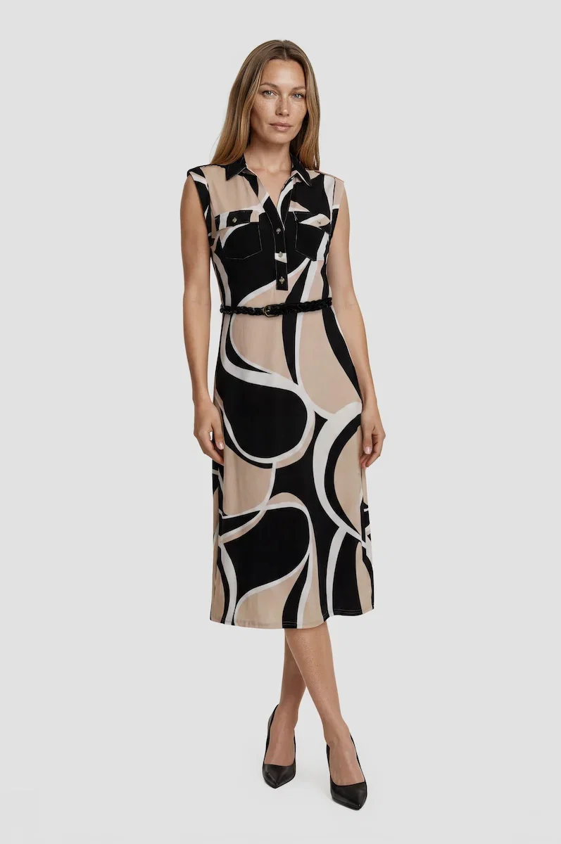Image of Sleeveless Belted Midi Dress - Beige