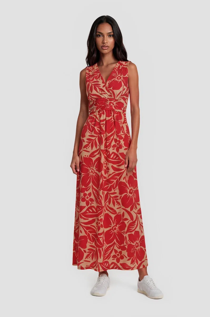 Image of Printed Sleeveless Maxi Dress - Coral