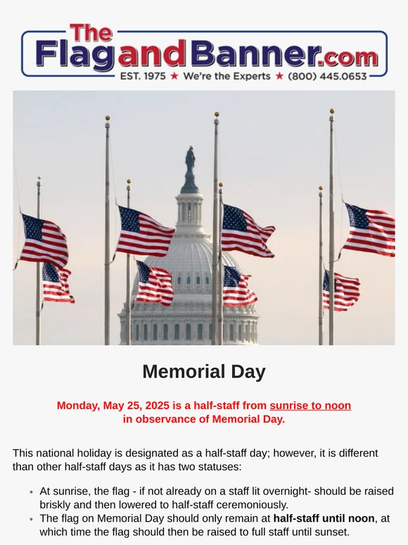 National Half Staff Notice for Memorial Day