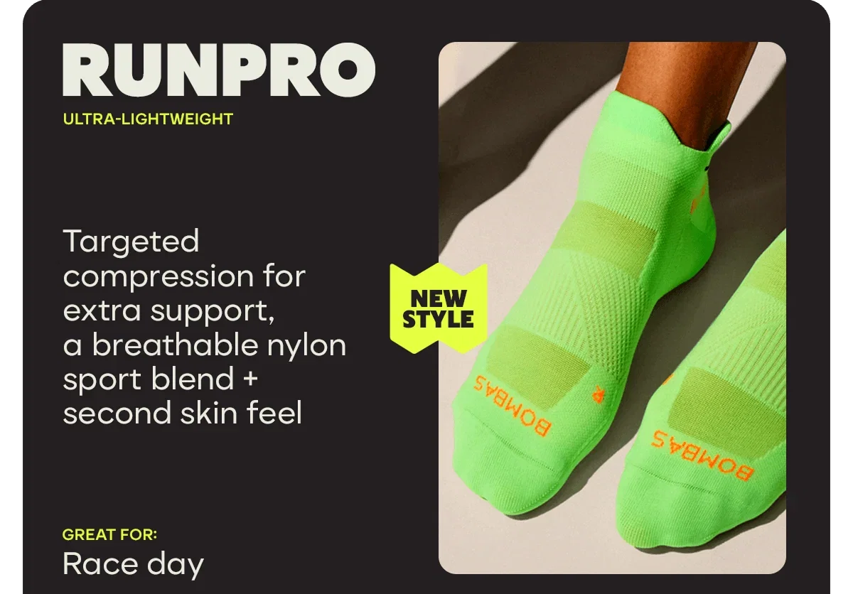 RUNPRO | ULTRA-LIGHTWEIGHT | NEW STYLE | Targeted compression for extra support, a breathable nylon sport blend + second skin feel | Great for: Race day