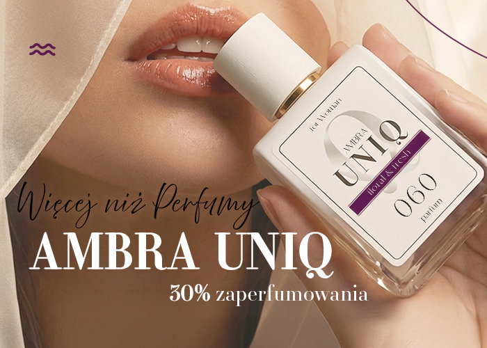 Close-up of a woman's glossy lips holding Ambra Uniq 060 'floral & fresh' parfum bottle with elegant white label