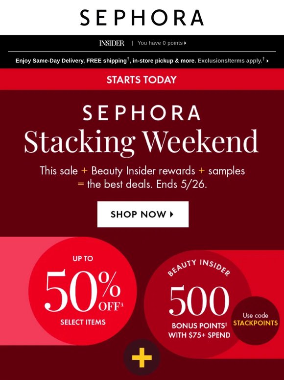 Save up to 50% on select beauty 💄 Plus spend $75 to earn 500 bonus points.