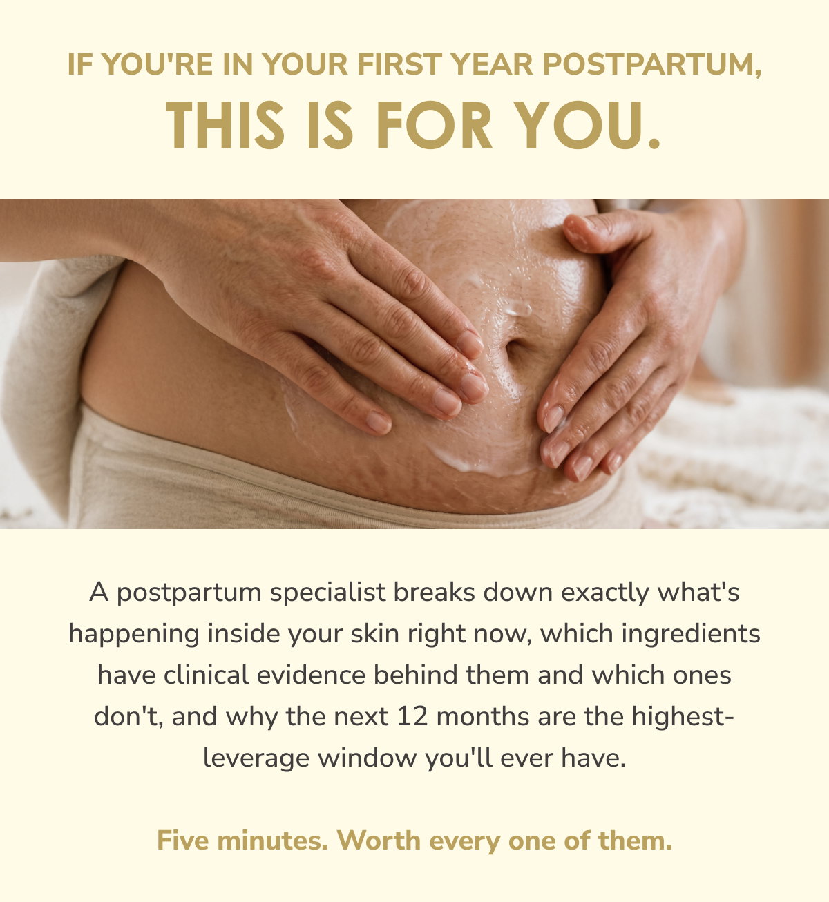 If you're in your first year postpartum, this is for you.  A postpartum specialist breaks down exactly what's happening inside your skin right now, which ingredients have clinical evidence behind them and which ones don't, and why the next 12 months are the highest-leverage window you'll ever have.  Five minutes. Worth every one of them.