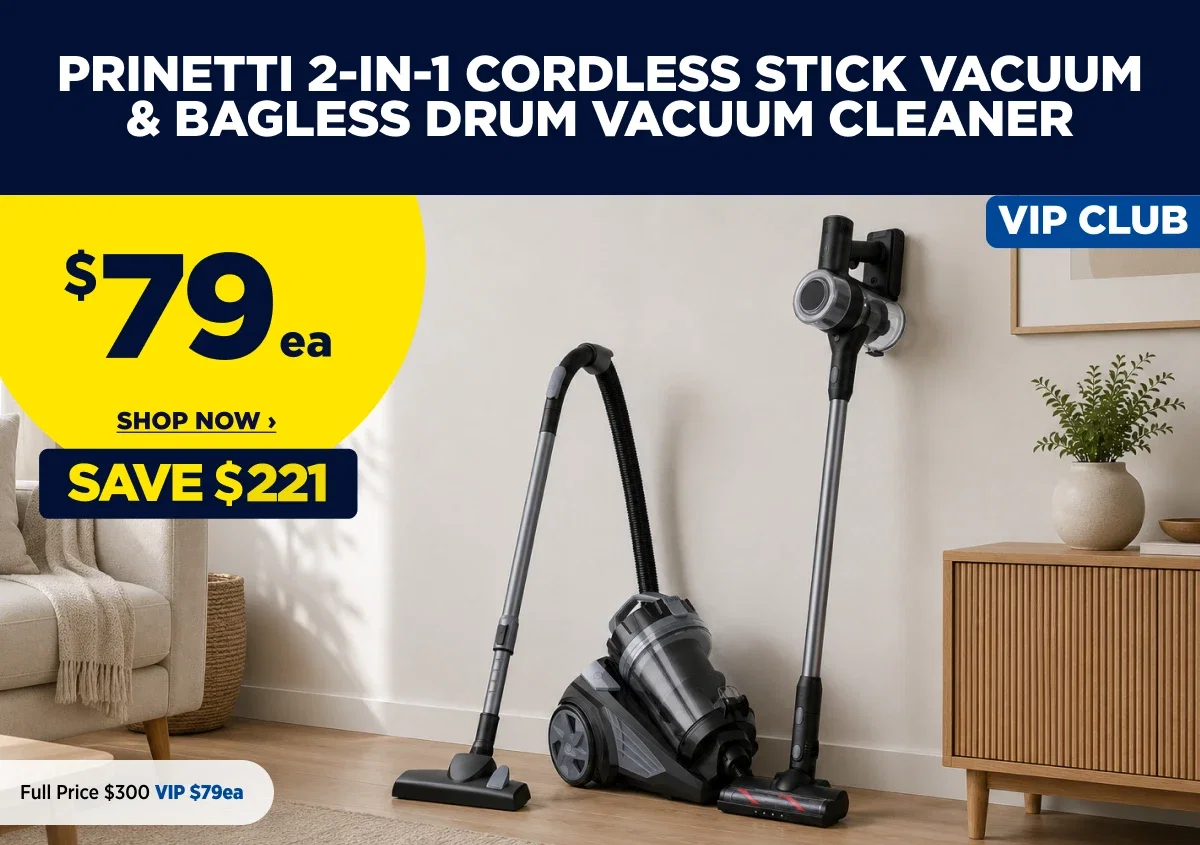 PRINETTI 2-IN-1 CORDLESS STICK VACUUM & BAGLESS DRUM VACUUM CLEANER