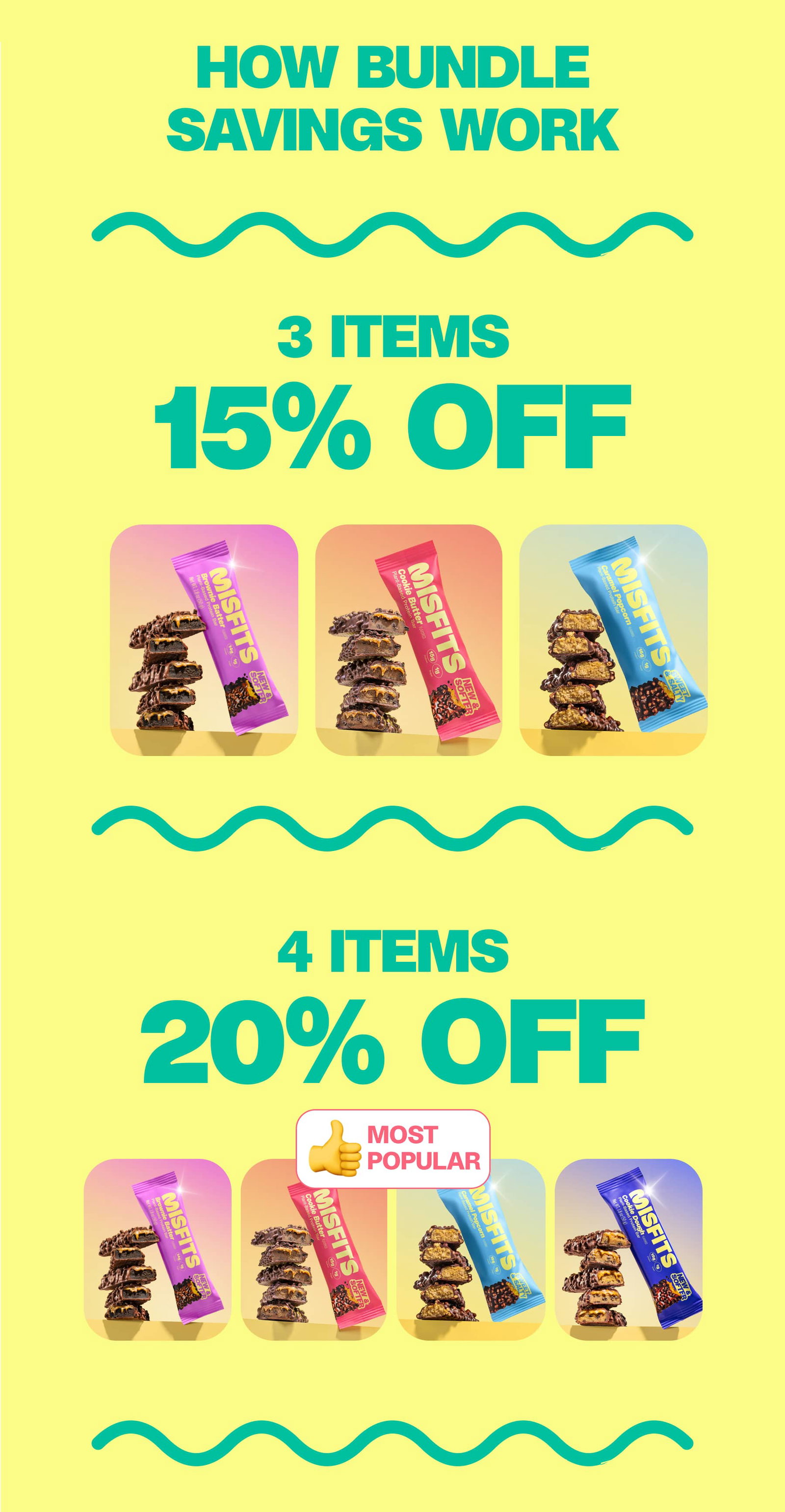 HOW BUNDLE SAVINGS WORK 3 ITEMS 15% OFF 4 ITEMS 20% OFF