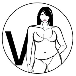 Skizze mit Frauenfigur in V-Figurform und Link in Kleider für V-Figurtypen