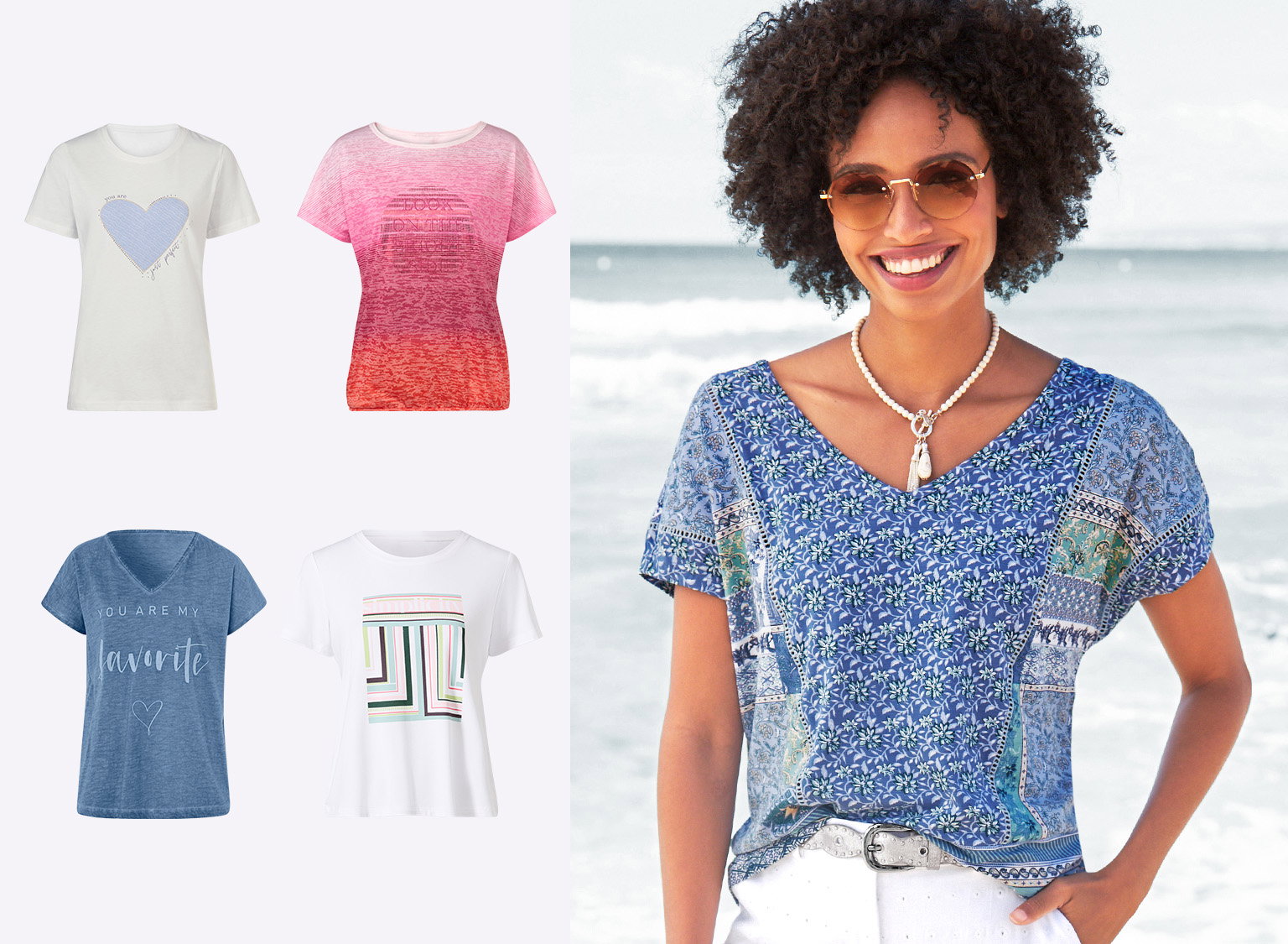  Vijf verschillende T-shirts, waaronder met hart, kleurverloop, tekst en geometrisch patroon, plus een model met blauw patroon T-shirt op het strand.