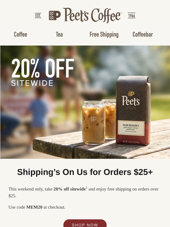 20% off sitewide starts now for Memorial Day