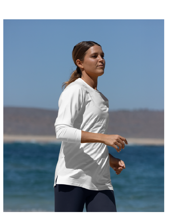 Woman wearing UPF 20+ Bamboo Sun Shirt in White