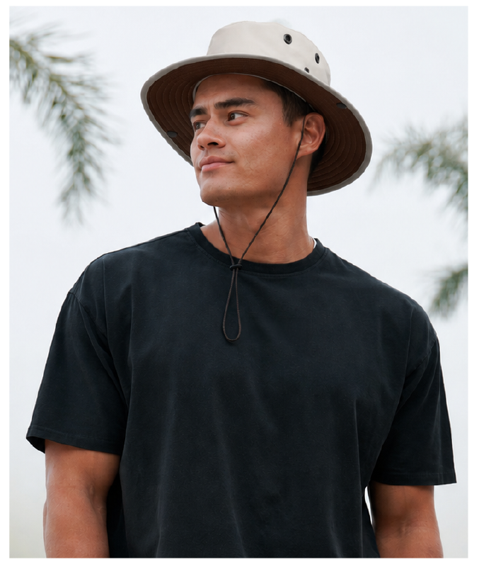 Man wearing Trek All-Weather Hat in Bone/Chocolate