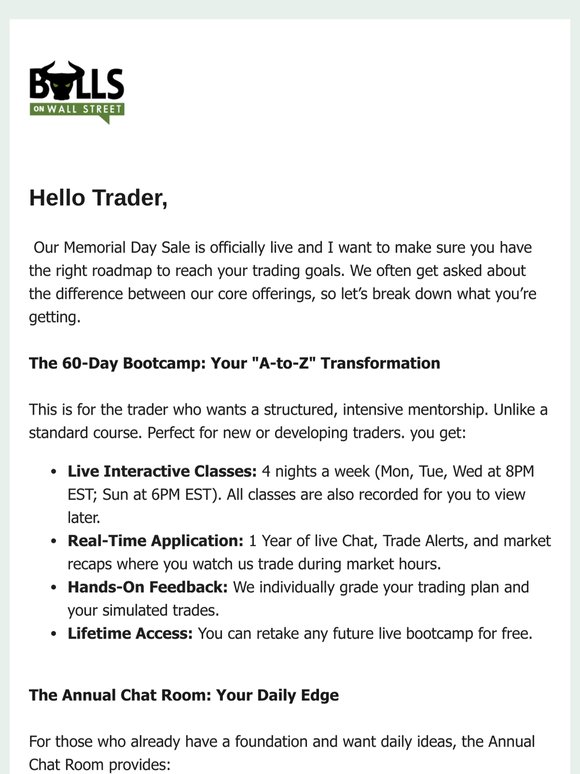 Bulls on Wall Street Memorial Day Sale - Which Path is Right For You
