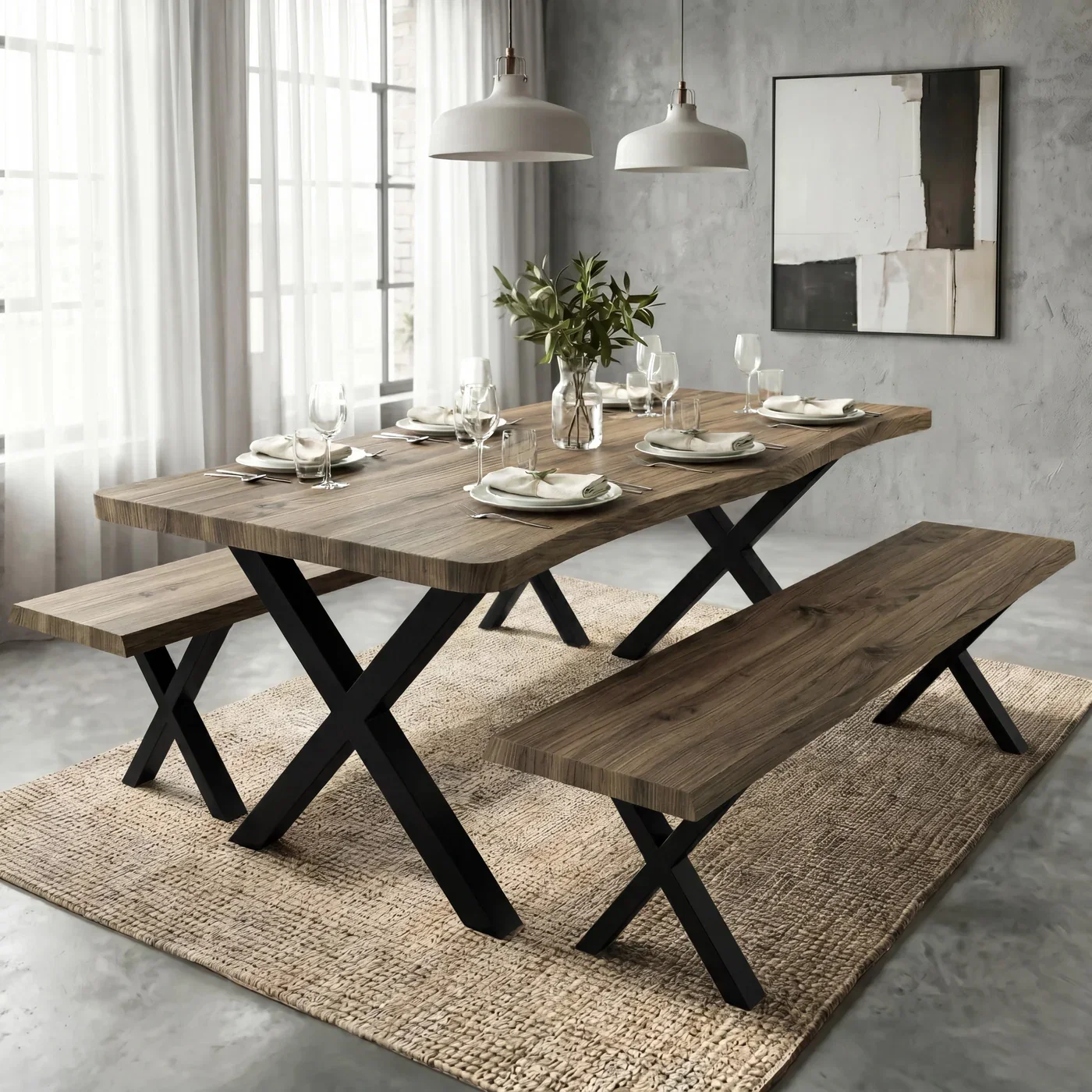 Crosswick Oak Dining Table with Bench