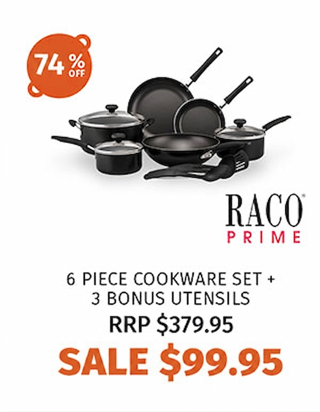 RACO Prime Nonstick 6 Piece Cookware Set + 3 Bonus Utensils
