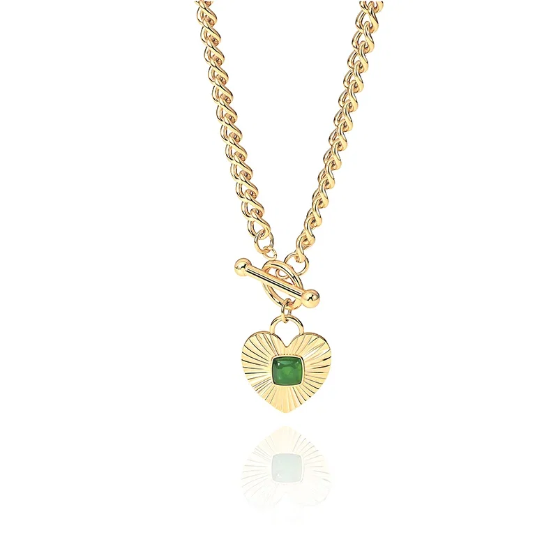 Andy Style Gold Green Heart T-Bar Necklace