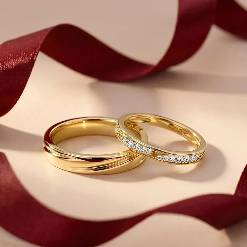 Classic Gold Bypass Wave Matching Couple Ring Set