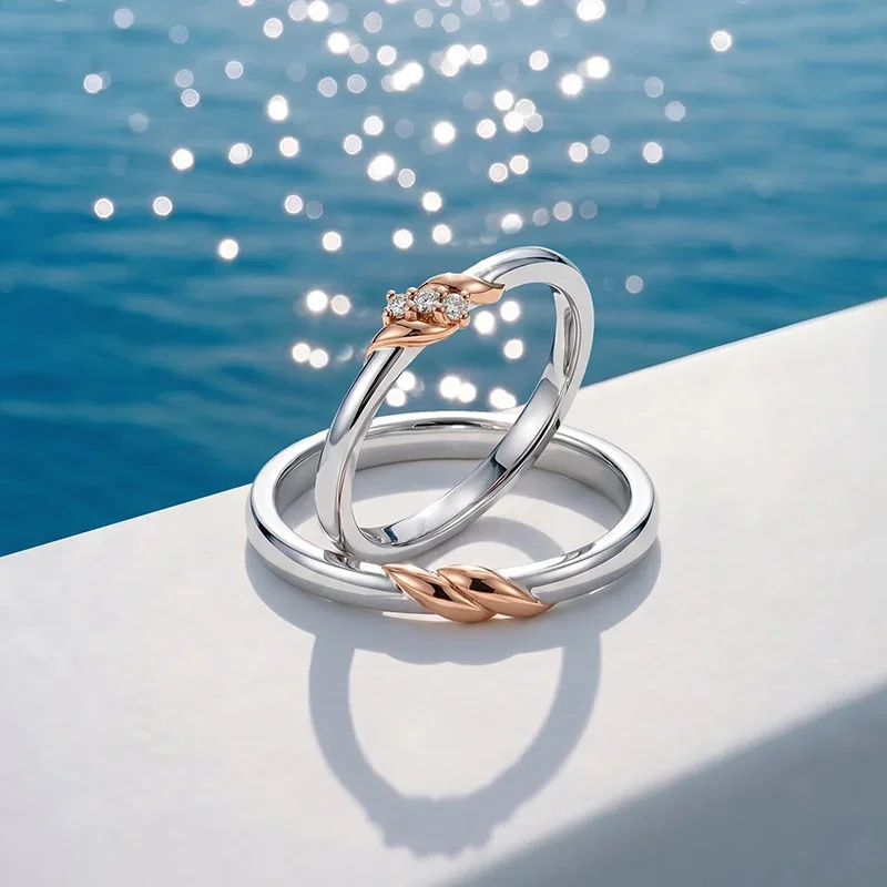 Bypass Two-Tone Couple Ring Set Sterling Silver
