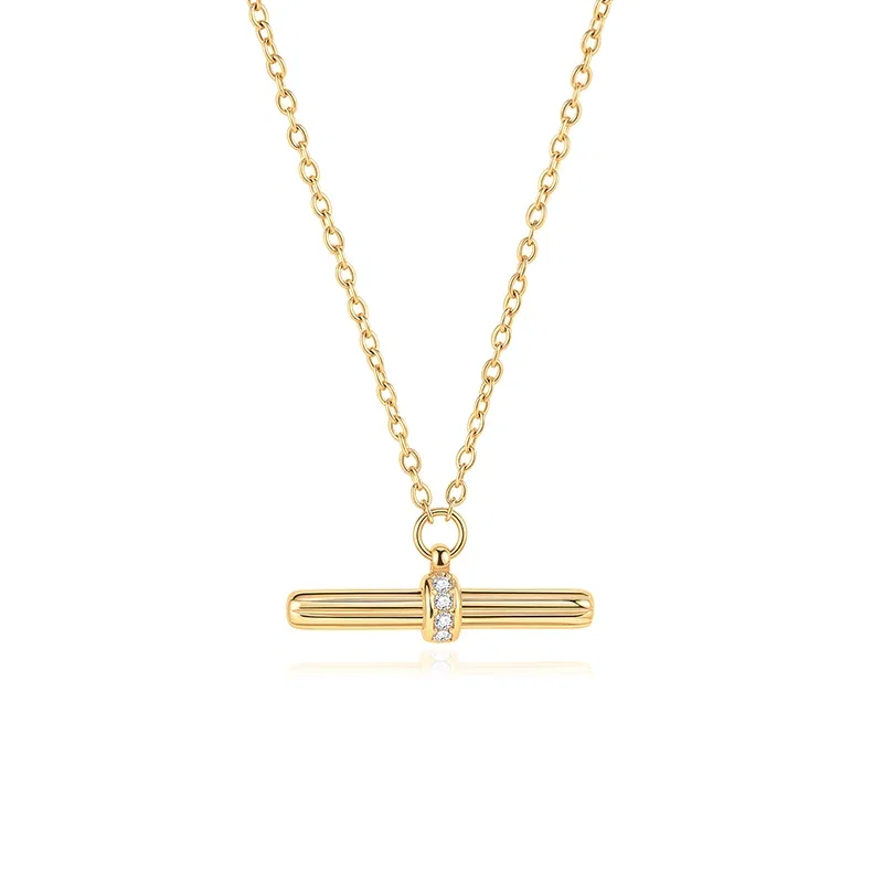 "Andy" Style Gold Fluted Pave T‑Bar Necklace