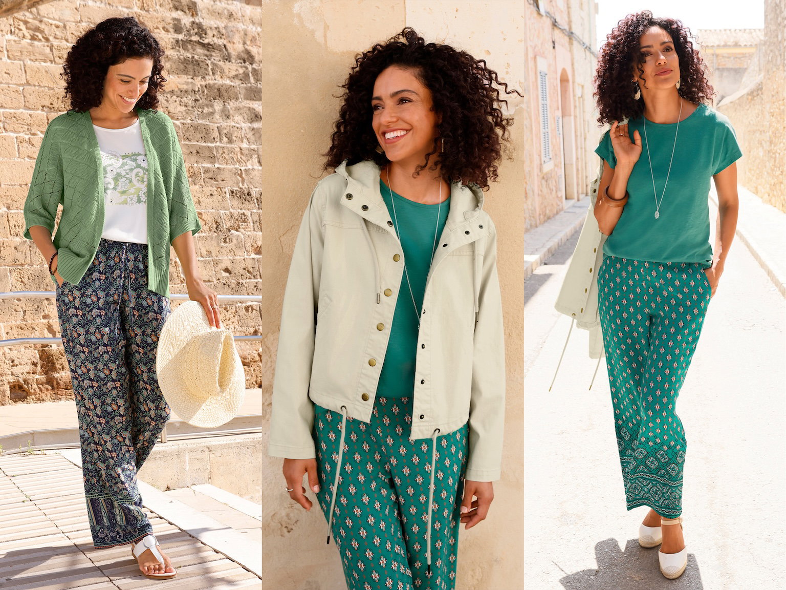 Das Bild ist dreigeteilt, es sind drei Models in sommerlichen Outfits zu sehen: Das Model links trägt eine grüne Strickjacke mit gemusterten Hosen, das Model in der Mitte trägt eine cremefarbene Jacke über einem grünen T-Shirt und grün gemusterten Hosen, und das Model rechts trägt ein grünes T-Shirt mit grün gemusterten Hosen.