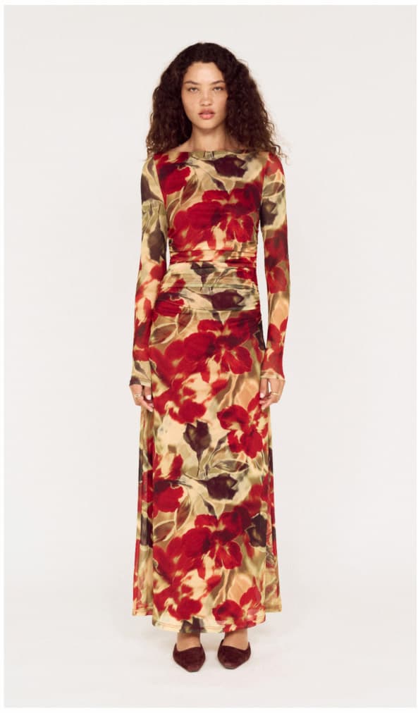 Red Floral Sheer Mesh Midi Dress