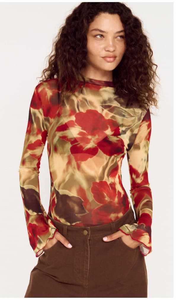 Red Floral Sheer Mesh High Neck Top