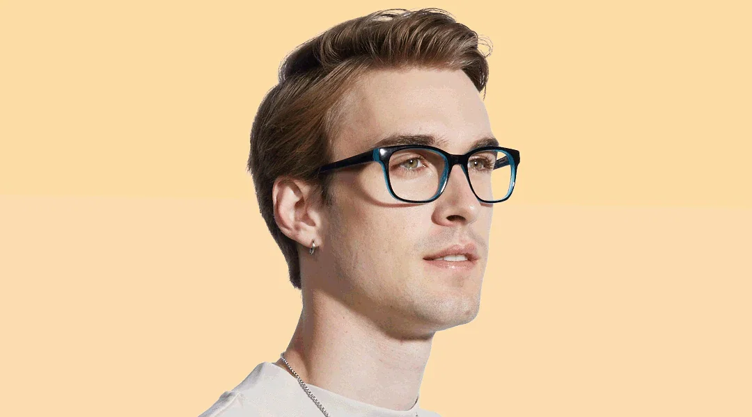 An animated image switching between a man wearing two-tone black and blue rectangular glasses, and a woman wearing black rectangular glasses, both against a yellow background