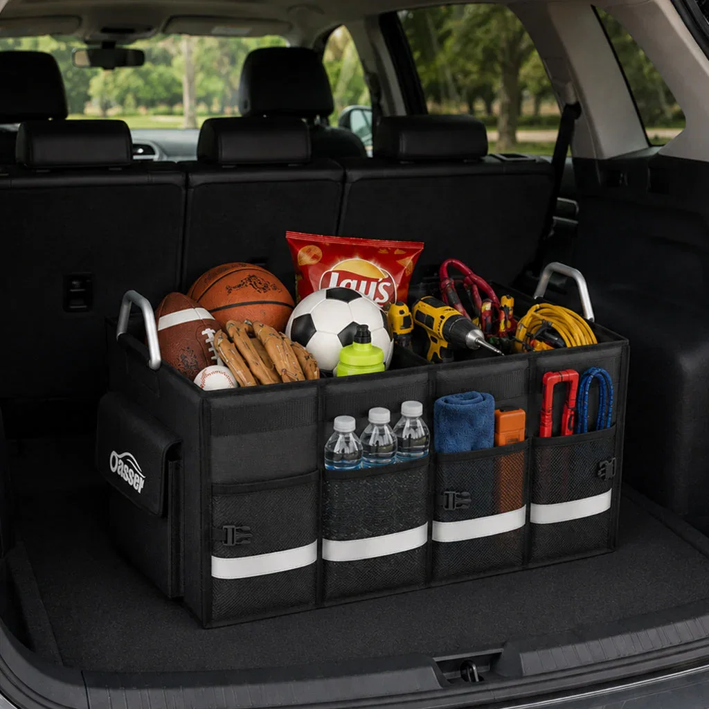 Black trunk organizer with multiple compartments storing sports equipment, tools, and snacks in a vehicle cargo area.
