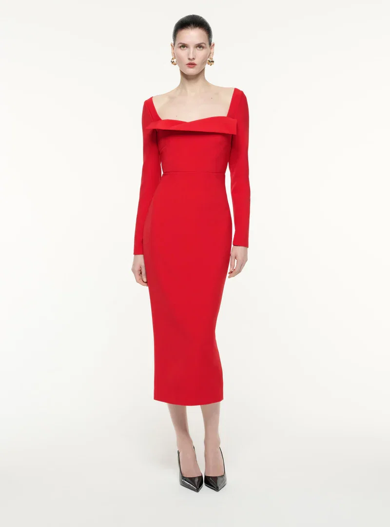 LONG SLEEVE CREPE MIDI DRESS