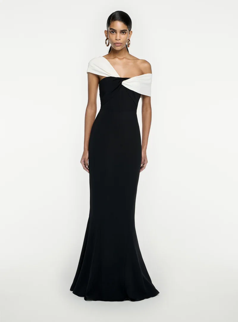 ASYMMETRIC STRETCH CADY MAXI DRESS