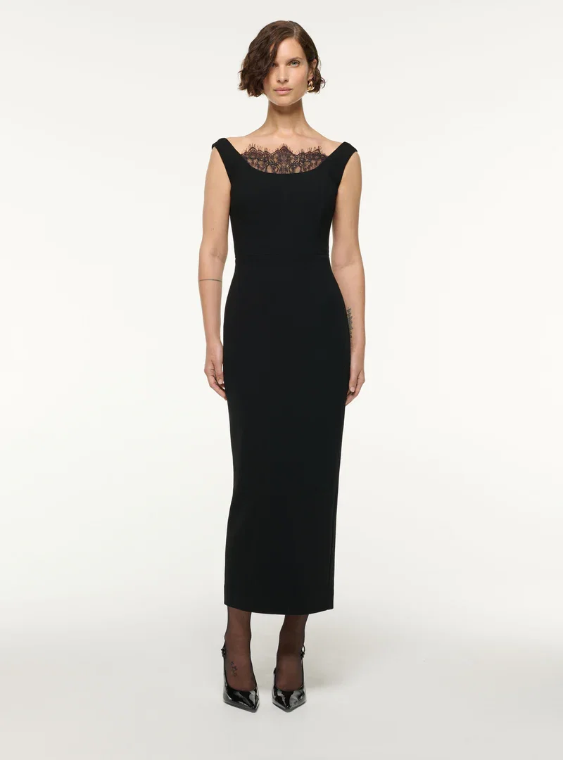 SCALLOP LACE INSERT WOOL COCKTAIL DRESS